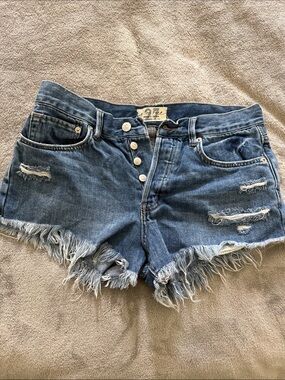 We The Free Distressed Frayed Hem Denim Shorts - Blue
